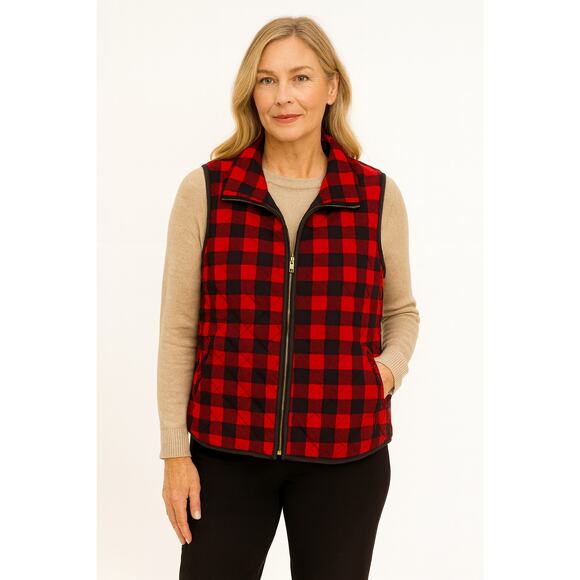 S1 Style Dot Com Women’s Size Large Red Black Buffalo Plaid Quilted Zip Vest - Picture 1 of 7